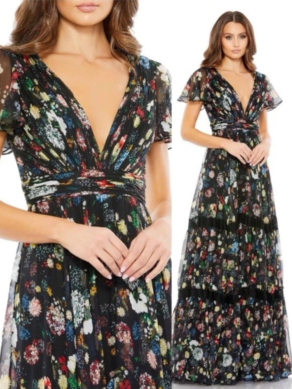 Mac Duggal Size 0 Black 67934 Floral Wrap Maxi Dress Butterly Sleeve Tiered NWT